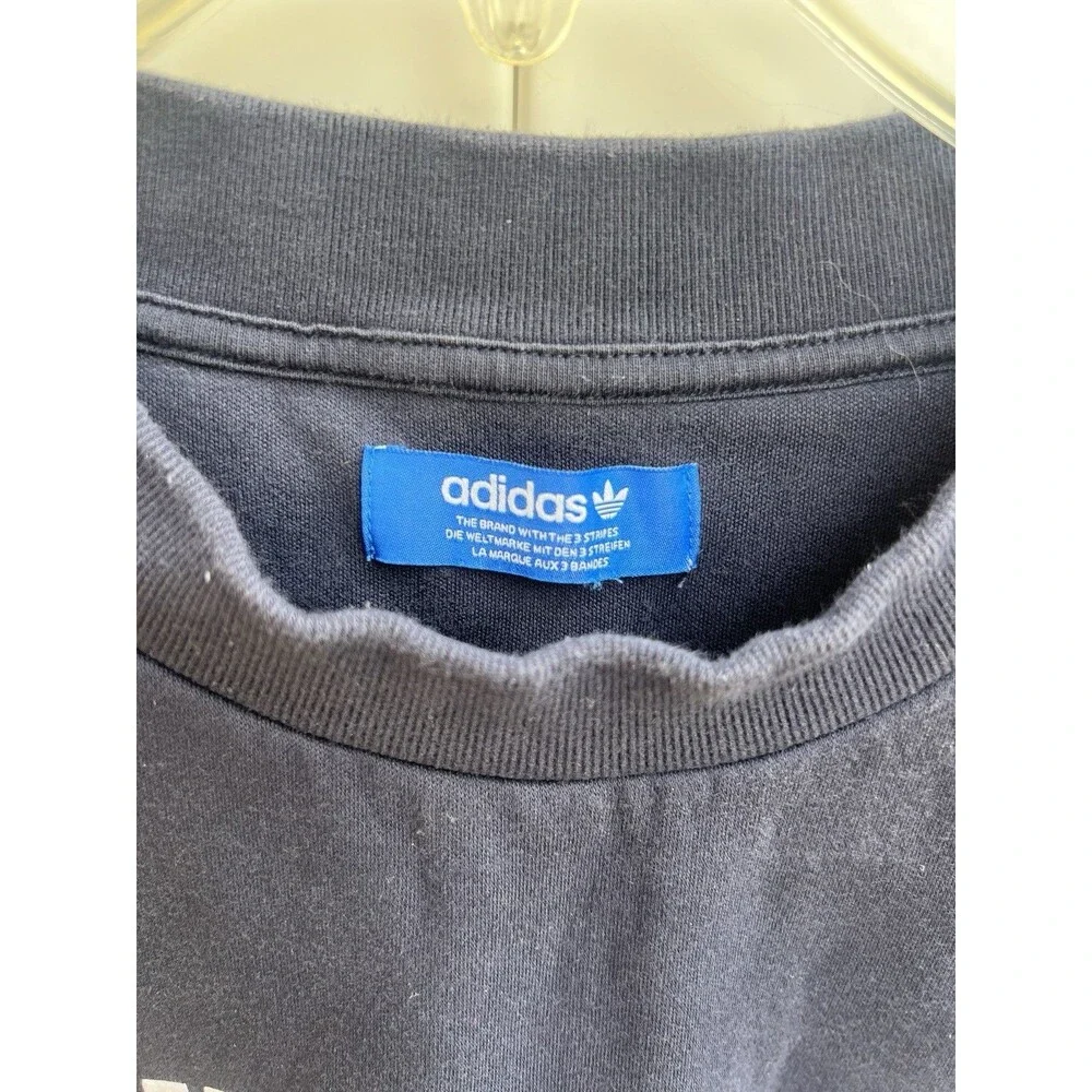 Adidas 3 Stripe Crew Neck Sweatshirt Mens L/XL Spellout Logo Navy Blue